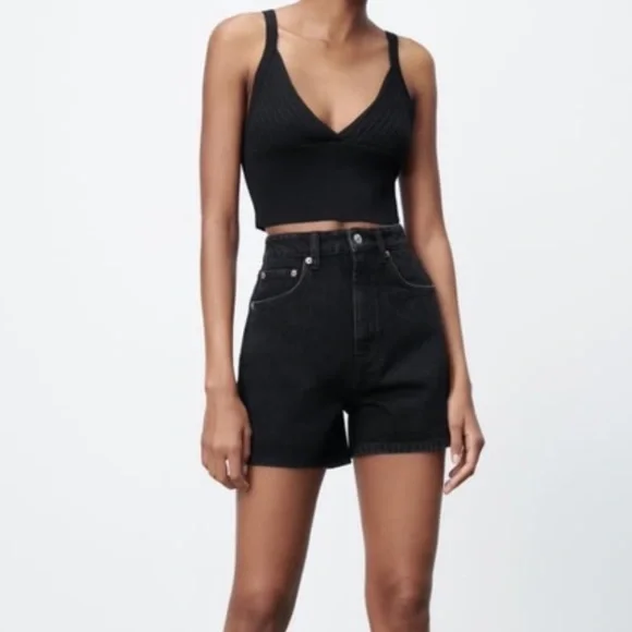 Zara Shorts Zara High Rise Black Denim Semi Distressed Shorts